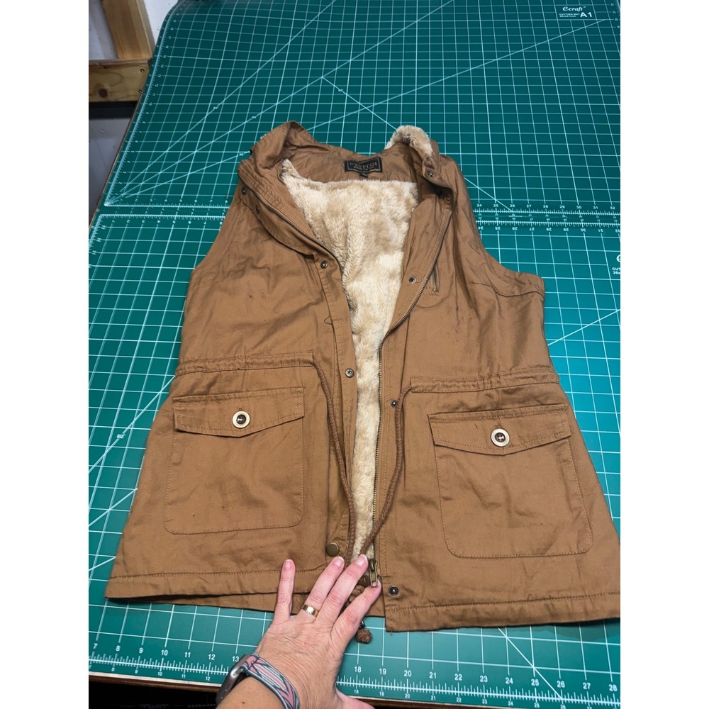 C'ESTTOI Womens Camel Brown Faux Fur Lined Utility Vest Hooded Size L